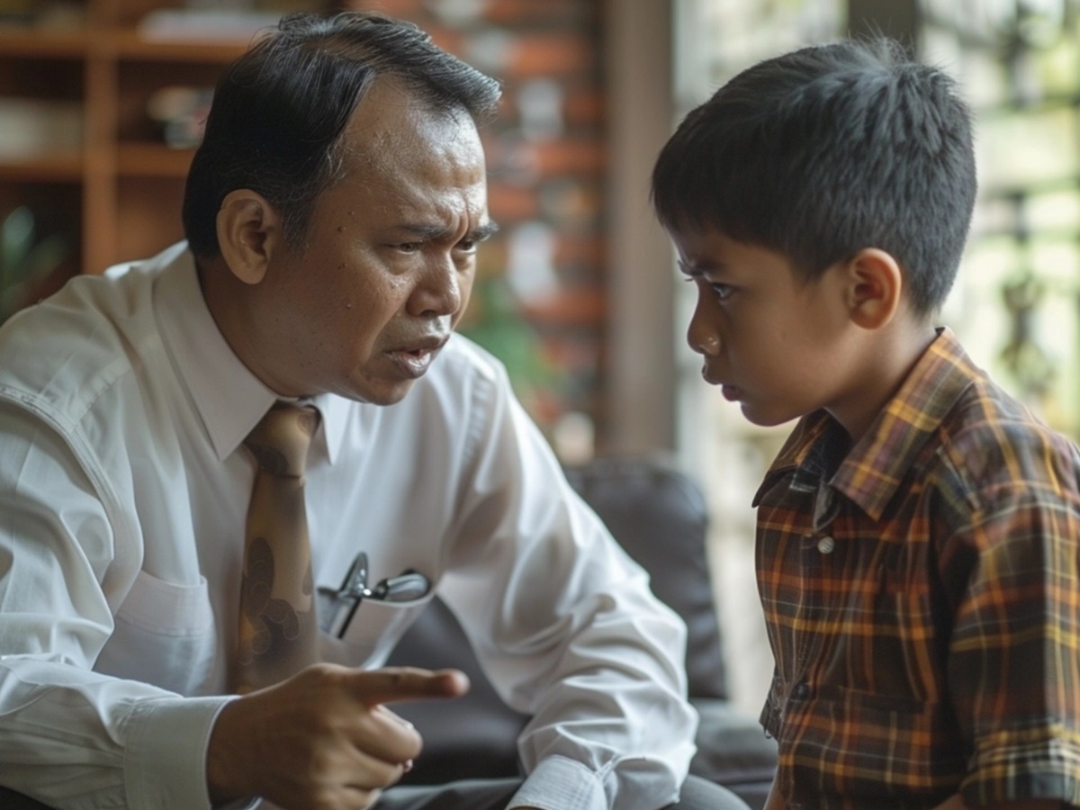 Orang tua dan anak sedang berbicara serius, menggambarkan hubungan strict parents